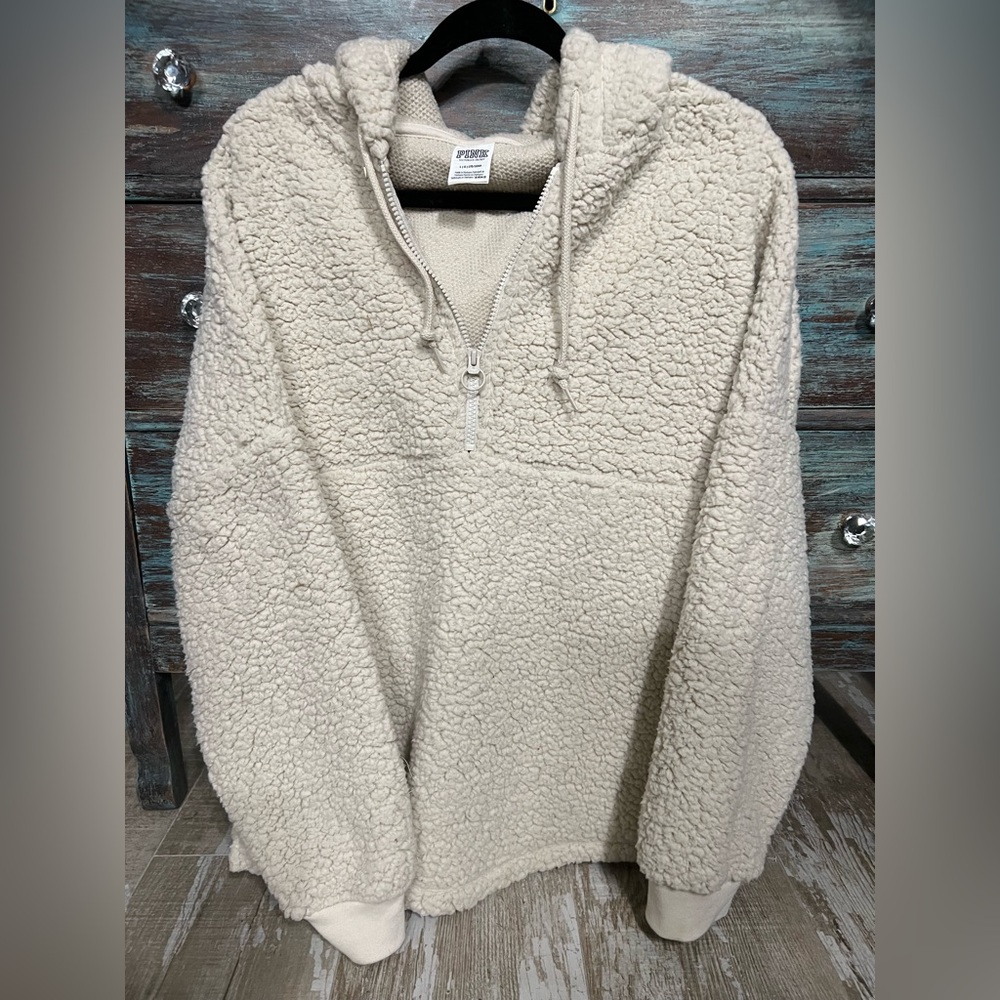 EUC!PINK Victorias Secret Cream Pullover 1/2 Zip Sherpa/Teddy/Hoodie!Cozy!Sz-L!